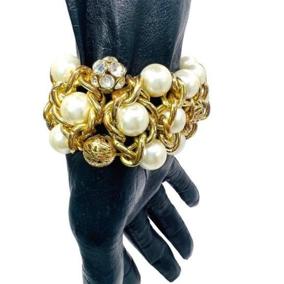 Wide Faux Pearls Crystal Goldtone Weaved Link Stretch Cuff Bridal Mother o Bride - Picture 5 of 10